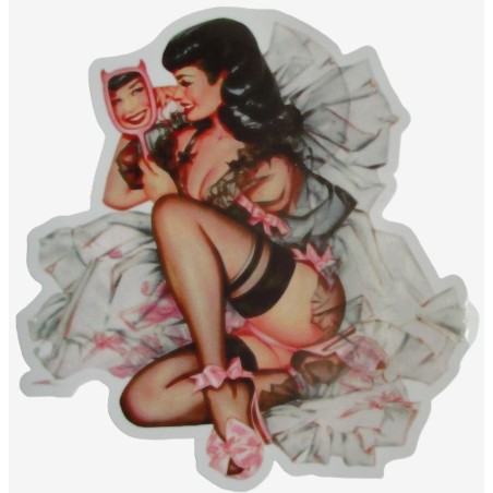 Extrafeiner Pin-up-Sticker Bettie Page mit Spiegel, 13x12 cm, sexy Aufkleber
