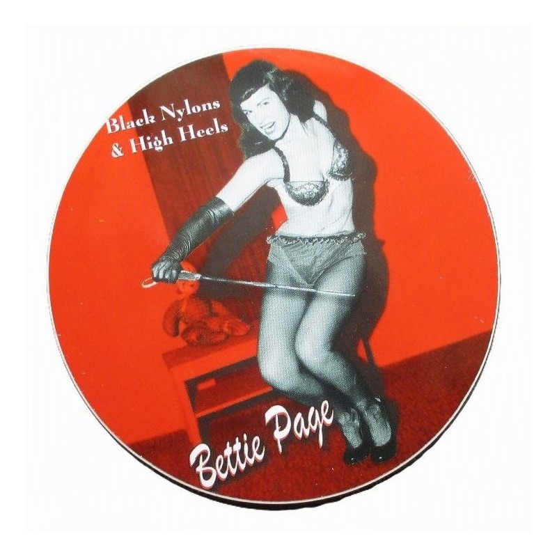 Aufkleber Bettie Page, rund, rot, sexy Pin-up
