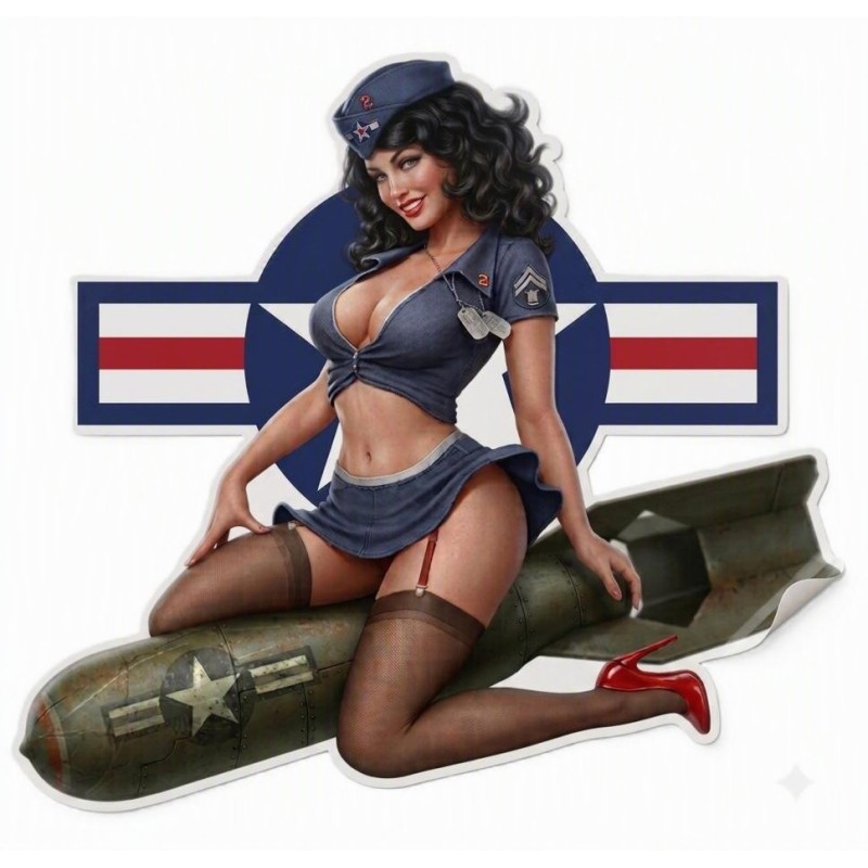 Aufkleber, dünn, Pin-up-Girl, Militär, auf blauer, runder Bombe, 13x11 cm, selbstklebend