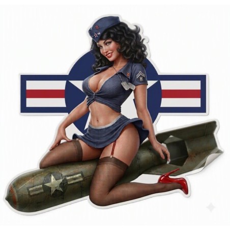 Aufkleber, dünn, Pin-up-Girl, Militär, auf blauer, runder Bombe, 13x11 cm, selbstklebend