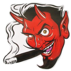 Sticker diable rouge fumant un cigare  12x12 cm autocollant visage vers la gauche