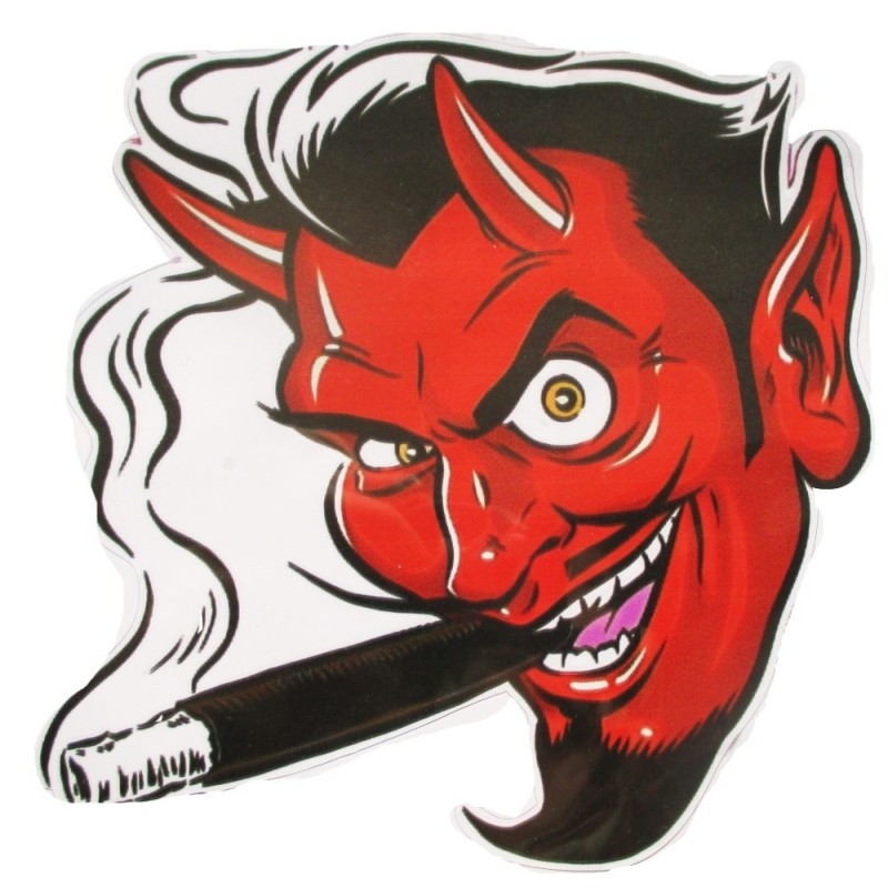 Sticker diable rouge fumant un cigare  12x12 cm autocollant visage vers la gauche