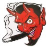 Sticker diable rouge fumant un cigare  12x12 cm autocollant visage vers la gauche