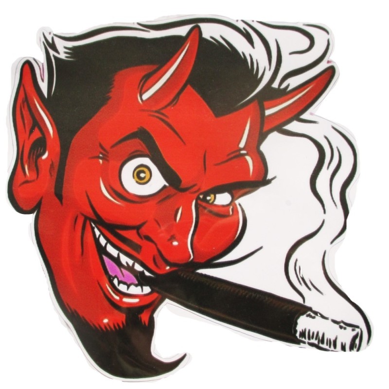 Sticker diable rouge fumant un cigare 12x12 cm autocollantvisage vers la droite