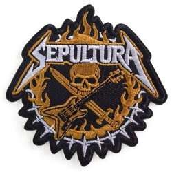 epultura Bügelbild / Bestickter Metal-Aufnäher (Totenkopf & Gitarre) – 8 x 8 cm