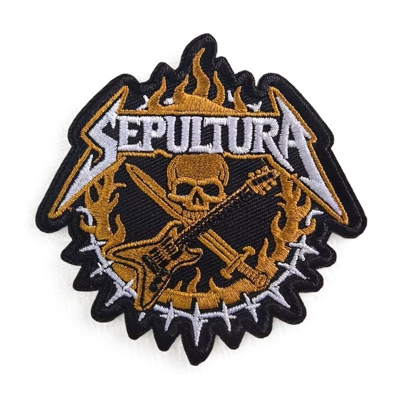 epultura Bügelbild / Bestickter Metal-Aufnäher (Totenkopf & Gitarre) – 8 x 8 cm