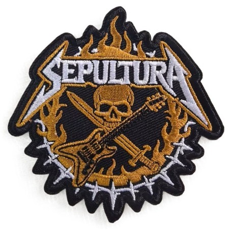 epultura Bügelbild / Bestickter Metal-Aufnäher (Totenkopf & Gitarre) – 8 x 8 cm