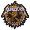 Patch thermocollant brodé « Sepultura » Crâne, Guitare et Épée – 8 x 8 cm