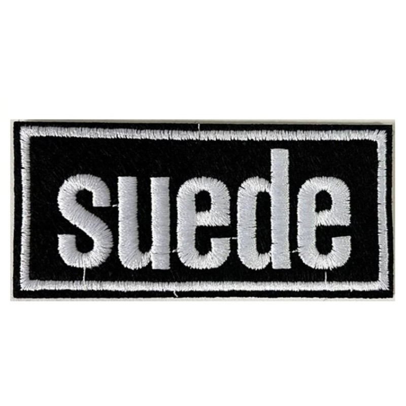 Aufnäher aus Wildlederimitat, schwarz-weiß, 9,5 x 4,5 cm, aufbügelbarer Flicken, Rockband
