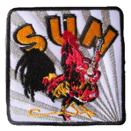 Patch SUN coq avec guitare 7.5x7.5 cm écusson rock roll thermocollant
