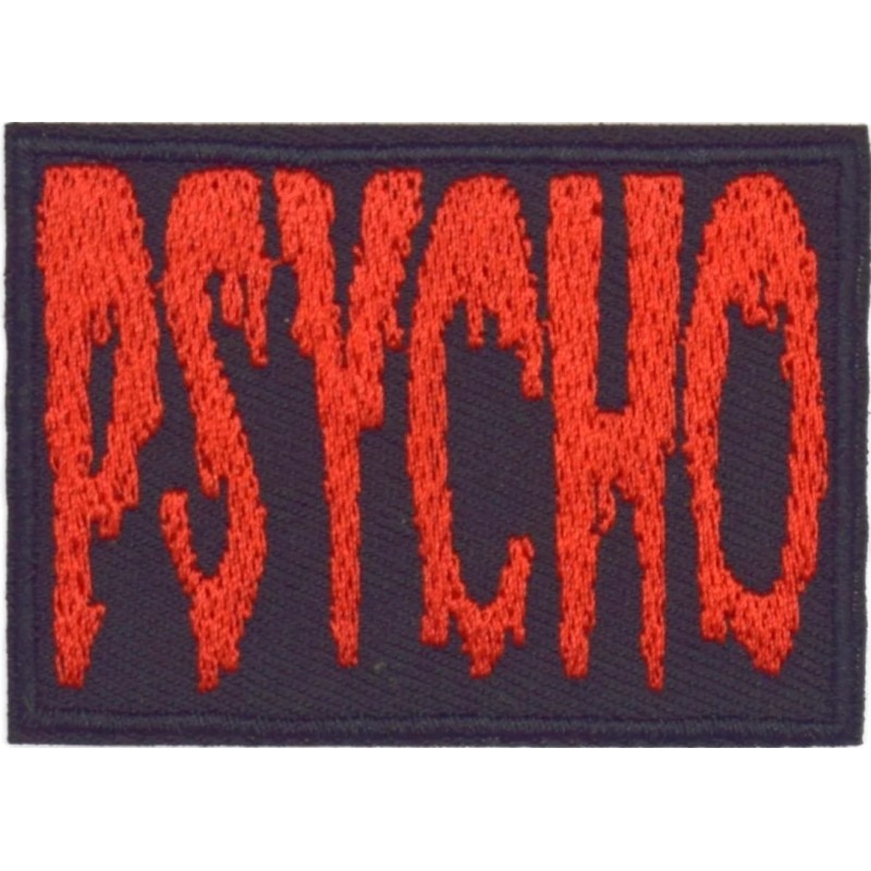Aufnäher Psycho Rot in schwarzem Rechteck 6,5x4,5 cm Rock Roll Bügelflicken
