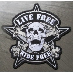Grand patch thermocollant Live Free Ride Free 24 x 24 cm écusson dos veste blouson biker crâne pirate
