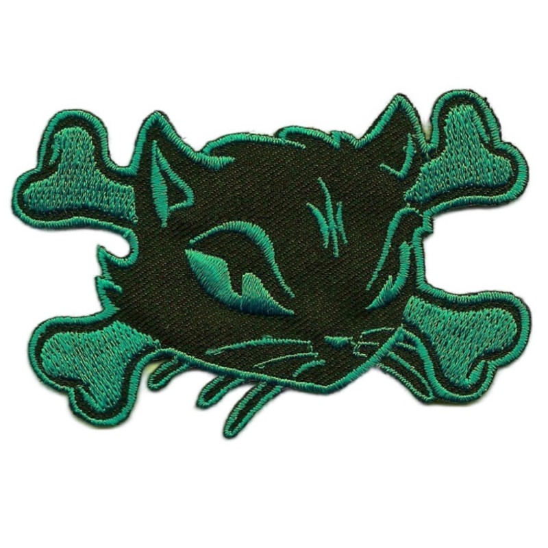 Patch Chat Pirate et Os Noir Vert - Écusson Thermocollant Pin-up Rockabilly
