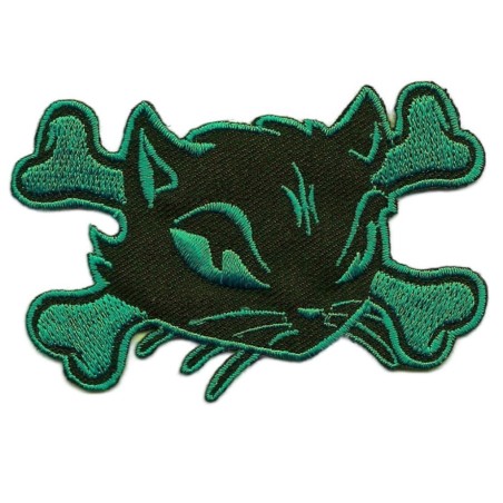 Patch Chat Pirate et Os Noir Vert - Écusson Thermocollant Pin-up Rockabilly
