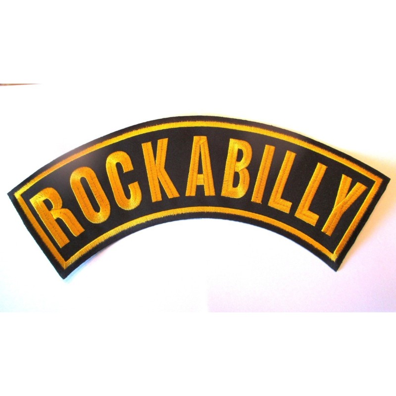 Grand patch, bannière rockabilly jaune 33cm, écusson dos veste, blouson biker, fan rock'n'roll