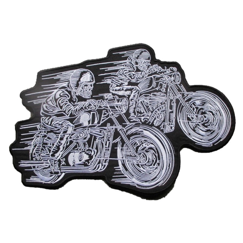 Grand patch de 2 motos faisant la course 33x22 cm en blanc sur fond noir, écusson
