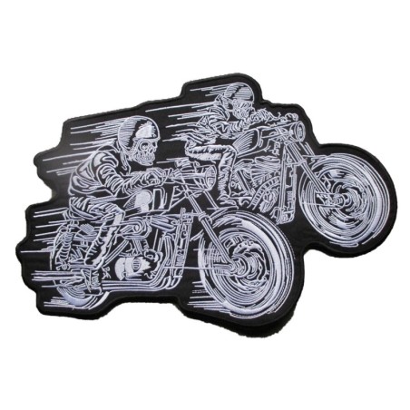 Grand patch de 2 motos faisant la course 33x22 cm en blanc sur fond noir, écusson
