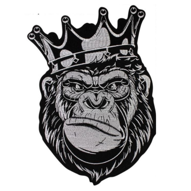 Grand patch singe avec une couronne 34x22cm, écusson thermocollant rock n roll
