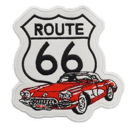 Route 66 & Rote Corvette Weißer Patch 8,5 cm Aufbügler für Jacken und Hemden
