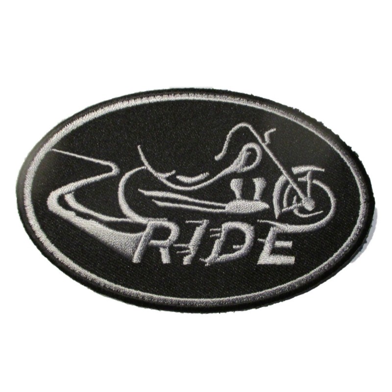Patch ovale logo ride avec une moto 10x6,5cm écusson thermocollant biker motard
