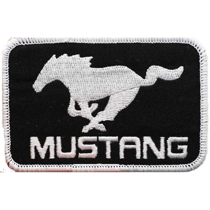 Patch cheval mustang rect noir blanc 9x6 cm écusson thermocollant
