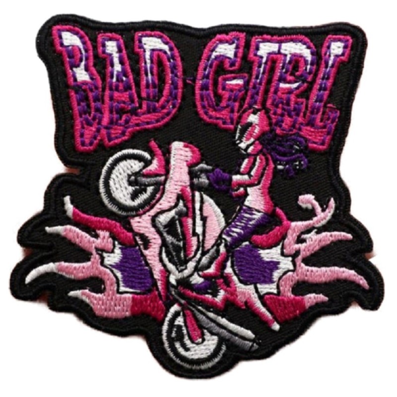 Patch Bad Girl, Rose Violet, Moto de Fille, 9.8x9.5cm, Écusson Thermocollant
