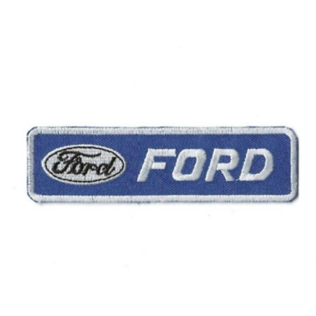 Patch Ford rectangulaire bleu, contour blanc, 11x3 cm, écusson thermocollant garage US
