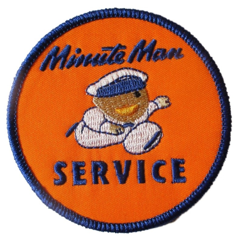 Aufnäher "Minuten-Mann Service" rund orange 7,5 cm, Bügelbild Garage Werkstatt
