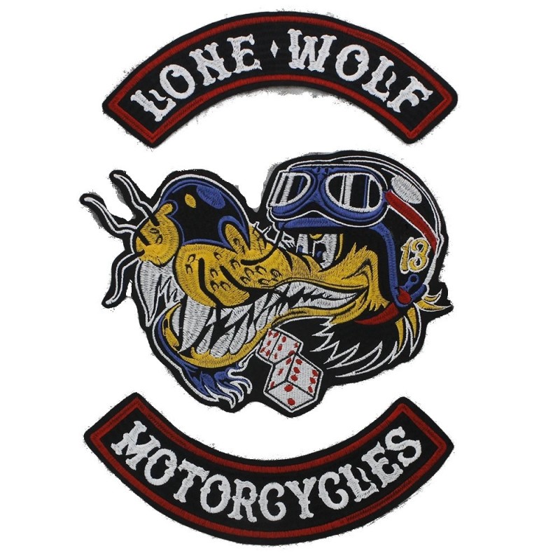 Lot de 3 grands écussons tête de loup solitaire pour moto, dos de veste, blouson biker motard
