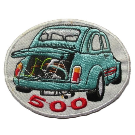 Patch voiture bleu 500 8.5x6.5cm écusson thermocollant capot moteur ouvert
