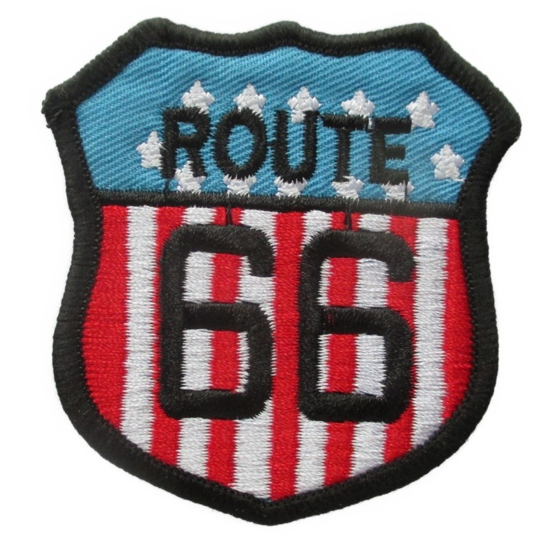 Patch logo Route 66 sur fond aux couleurs du drapeau américain 6.5x6cm
