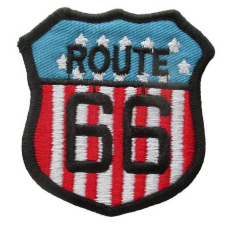 Patch logo Route 66 sur fond aux couleurs du drapeau américain 6.5x6cm
