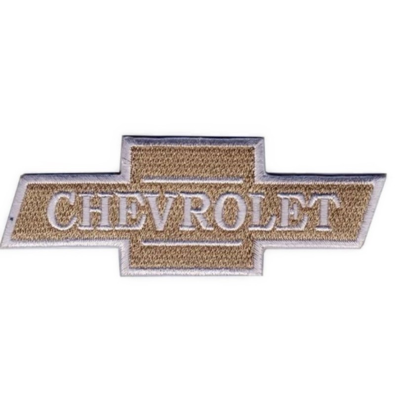 Patch logo Chevrolet doré et blanc 9.5x3.5cm, écusson thermocollant
