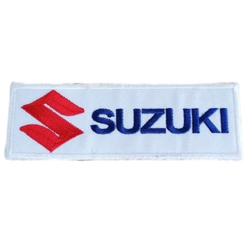 Patch moto Suzuki rectangulaire blanc, bleu et rouge 12x4cm, écusson thermocollant