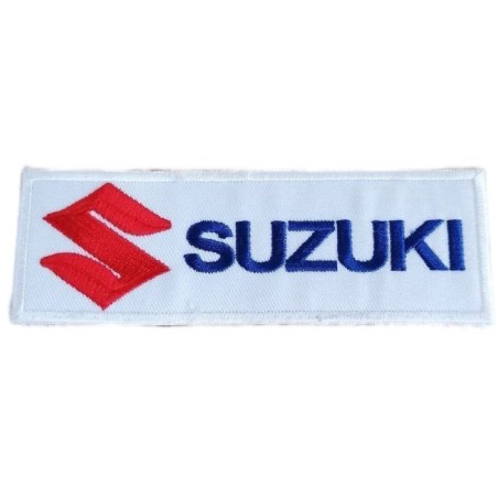 Patch moto Suzuki rectangulaire blanc, bleu et rouge 12x4cm, écusson thermocollant