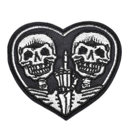Patch cœur crâne et doigt noir et blanc 7x8cm écusson thermocollant
